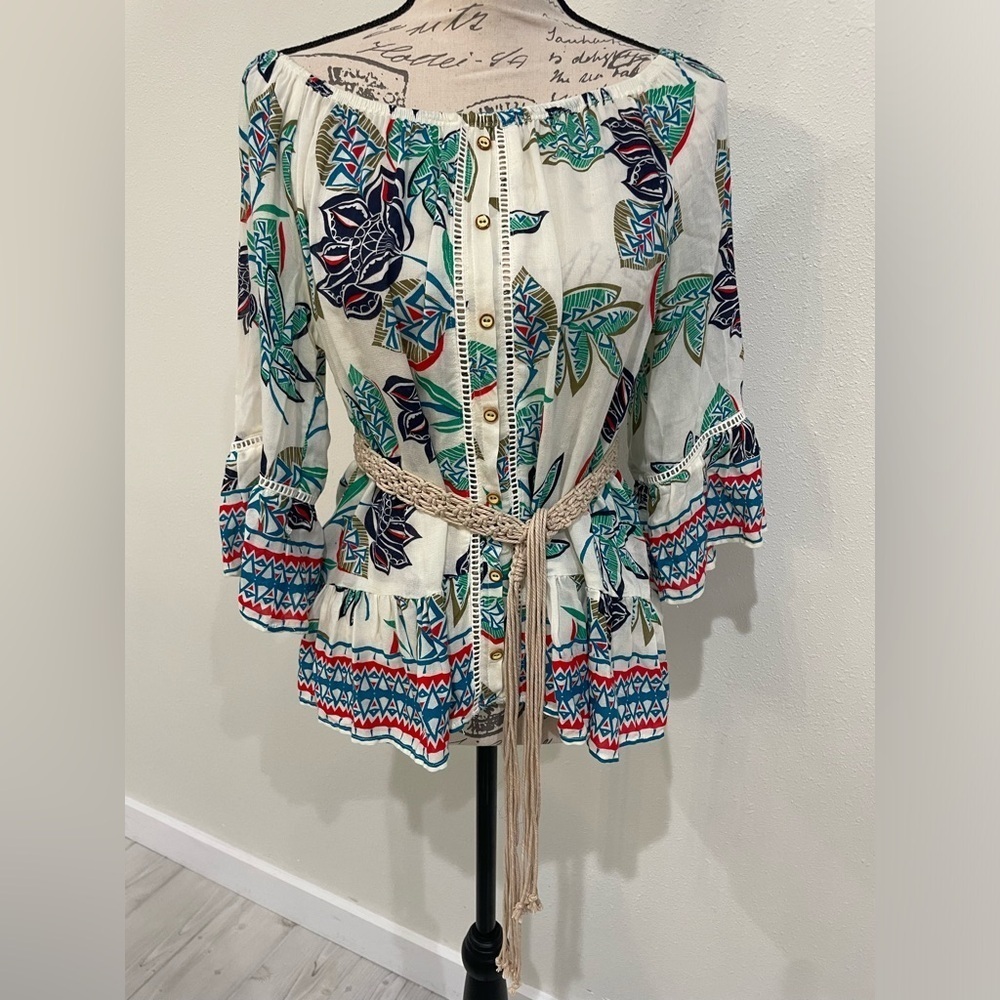 Democracy Cream 3/4 Sleeve Ruffled Blouse